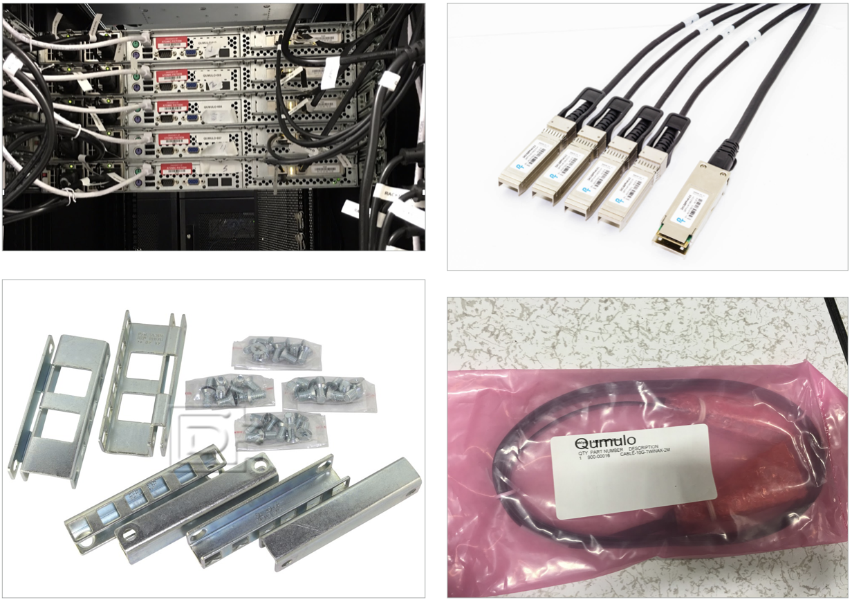 Parts for racking and cabling a Qumulo cluster.