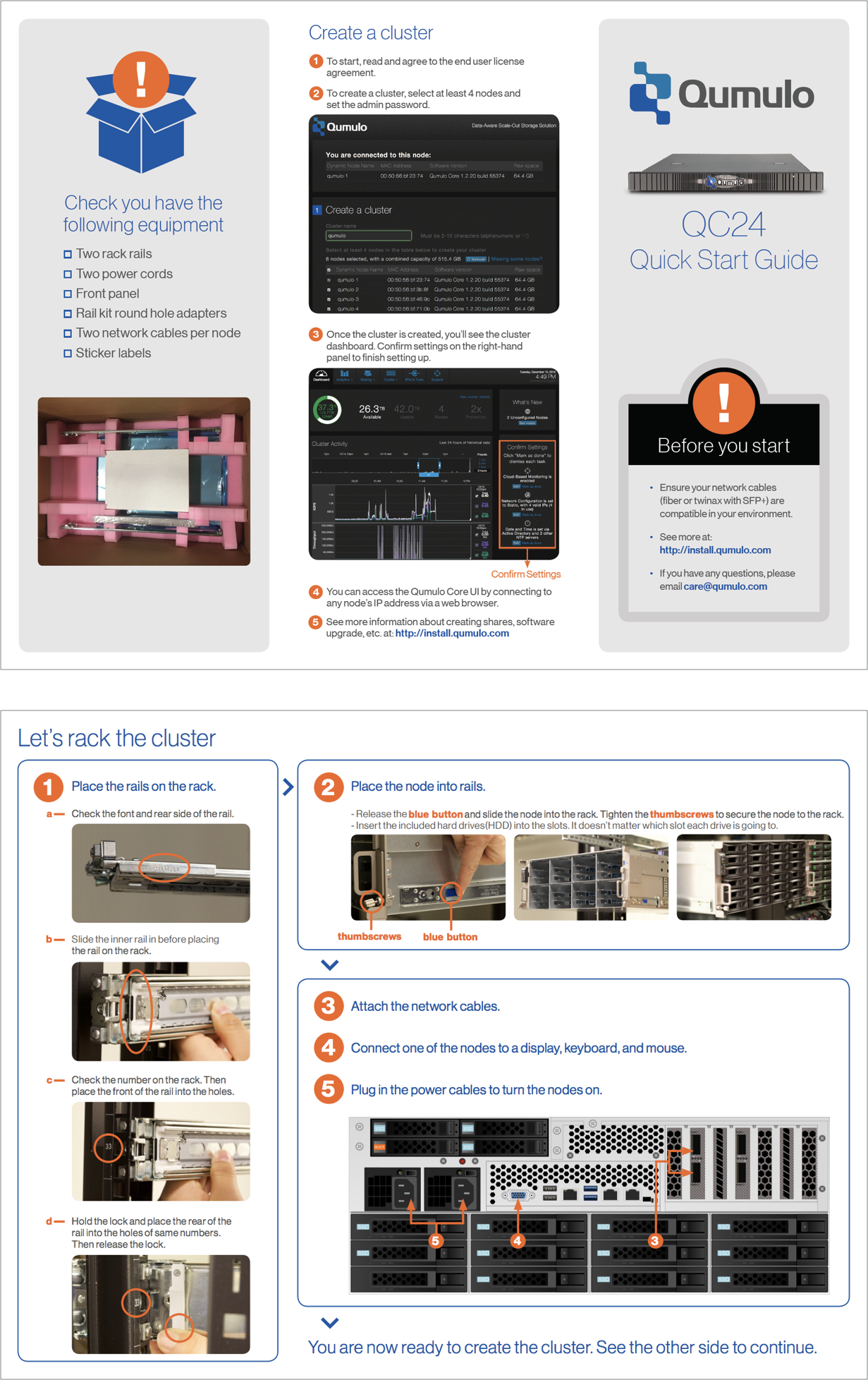 Official Qumulo quick start guide (trifold) - front and back.