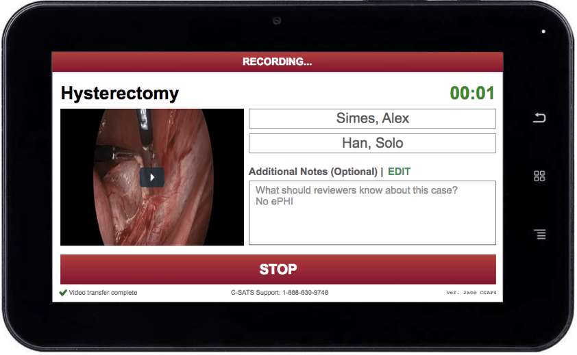 The recording screen on the tablet. The large size of button is thoughtfully designed to accommodate glove-wearing fingers and provided an easier hit target in an extremely busy environment.